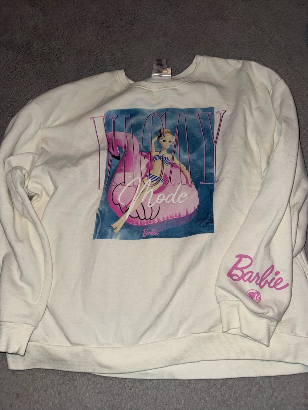 Barbie White Pullover Sweatshirt with Pink Flamingo Graphic